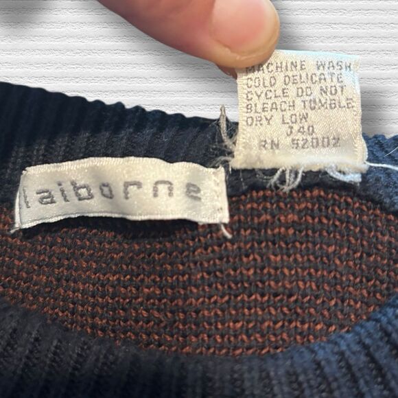 Vtg Claiborne Sweater Mens XL Navy Red Geometric Grandpa Knit Hong Kong 90s - Picture 4 of 8